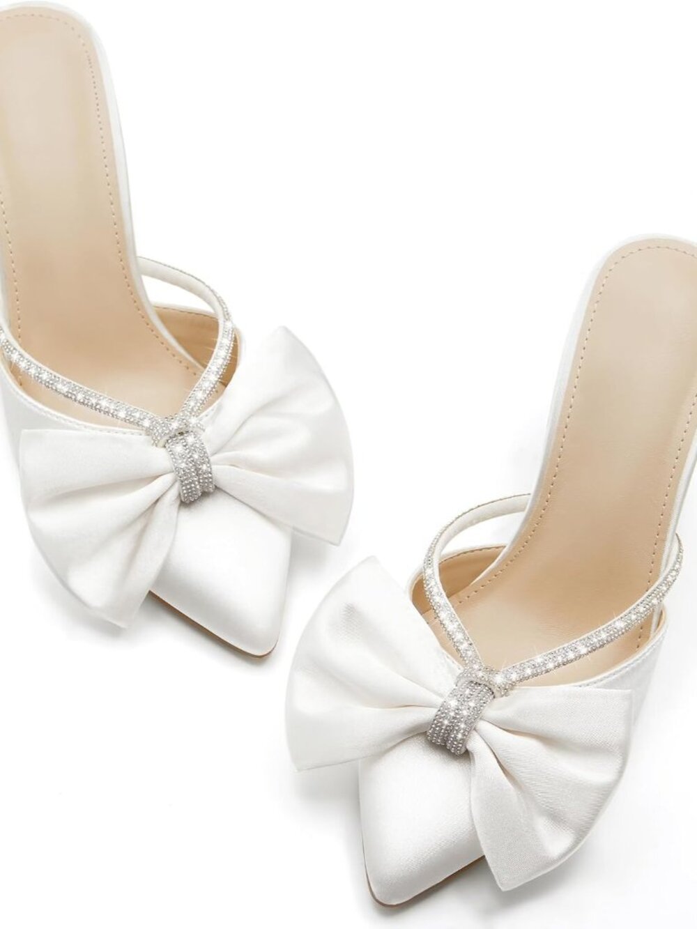Womens Bow Heels Mules Pointed Closed Toe Sandals Rhinestone Satin Backless Wedd